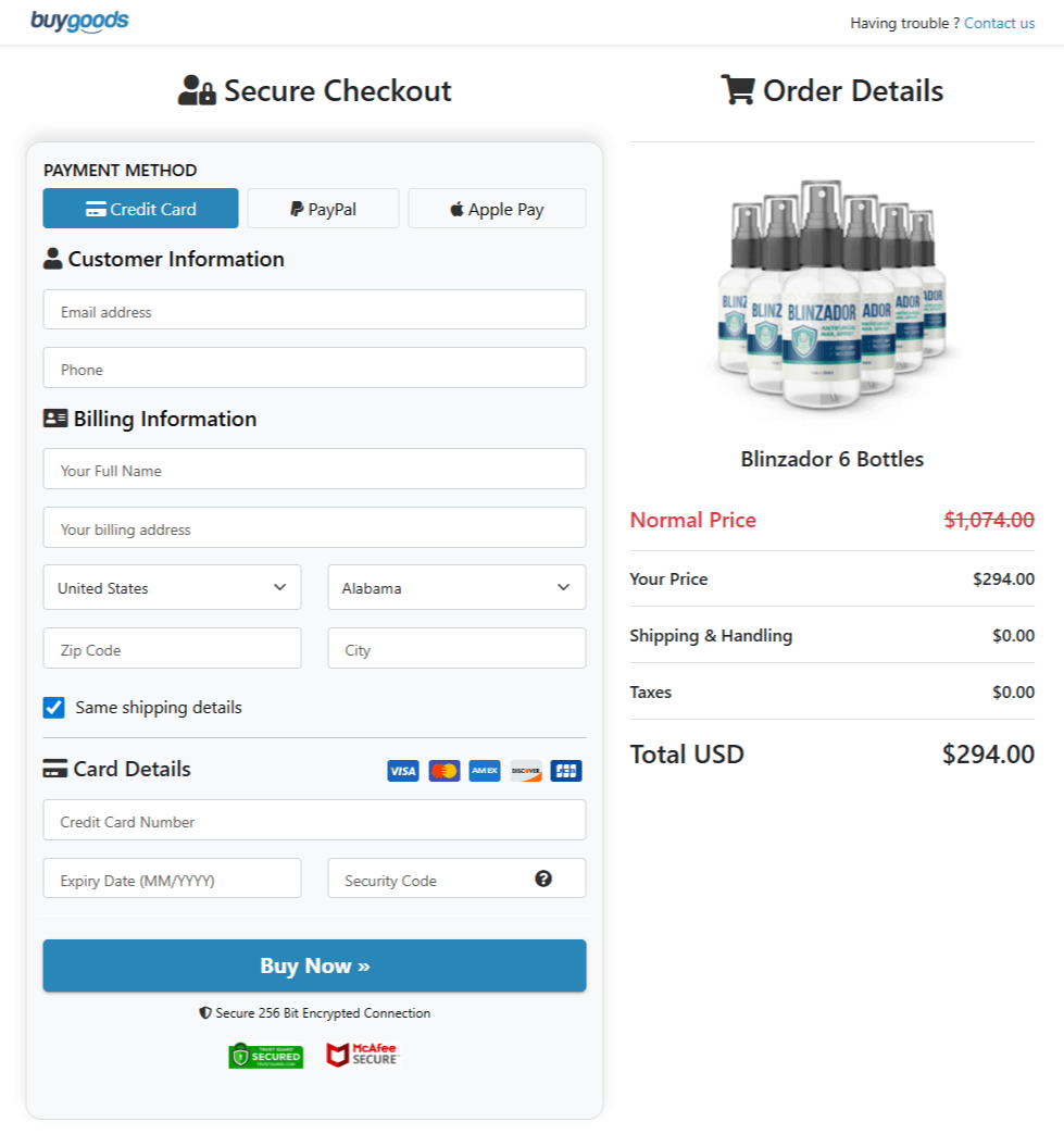 Blinzador order checkout page